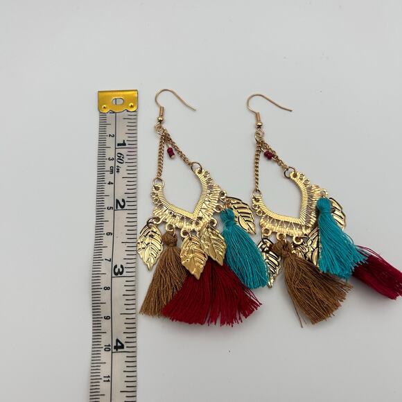Handmade Multi-colored Tassel Gold Leaf Hook Earrings - Picture 6 of 6